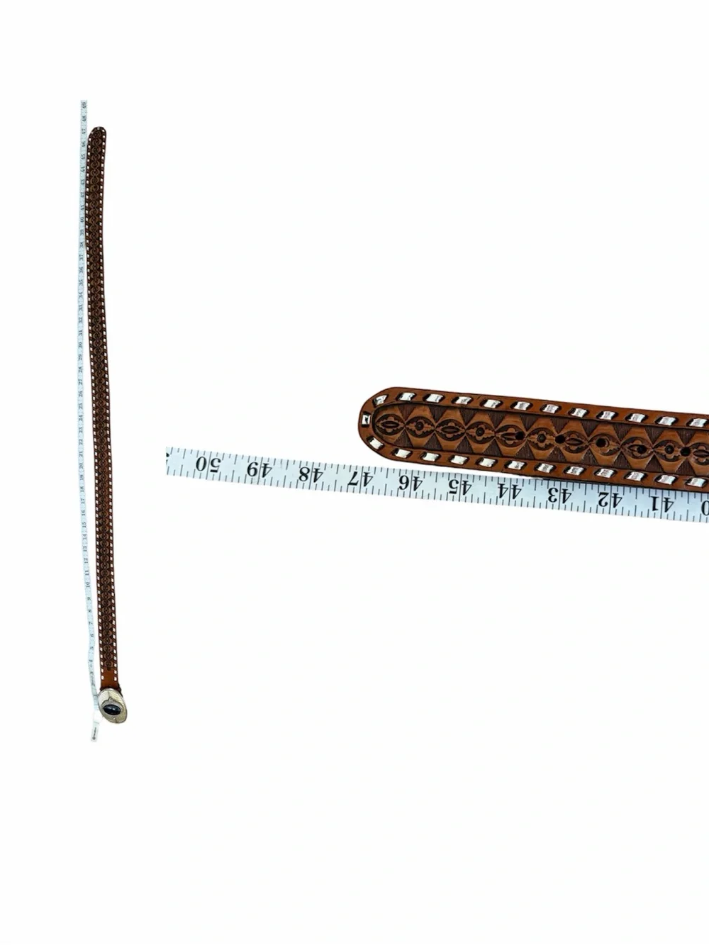 Men's Brown Leather Western Belt with Silver Trim & Decorative Blue Stone Buckle